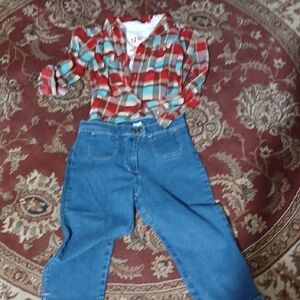 Y2k Plaid Shirt and Blue Jeans Set